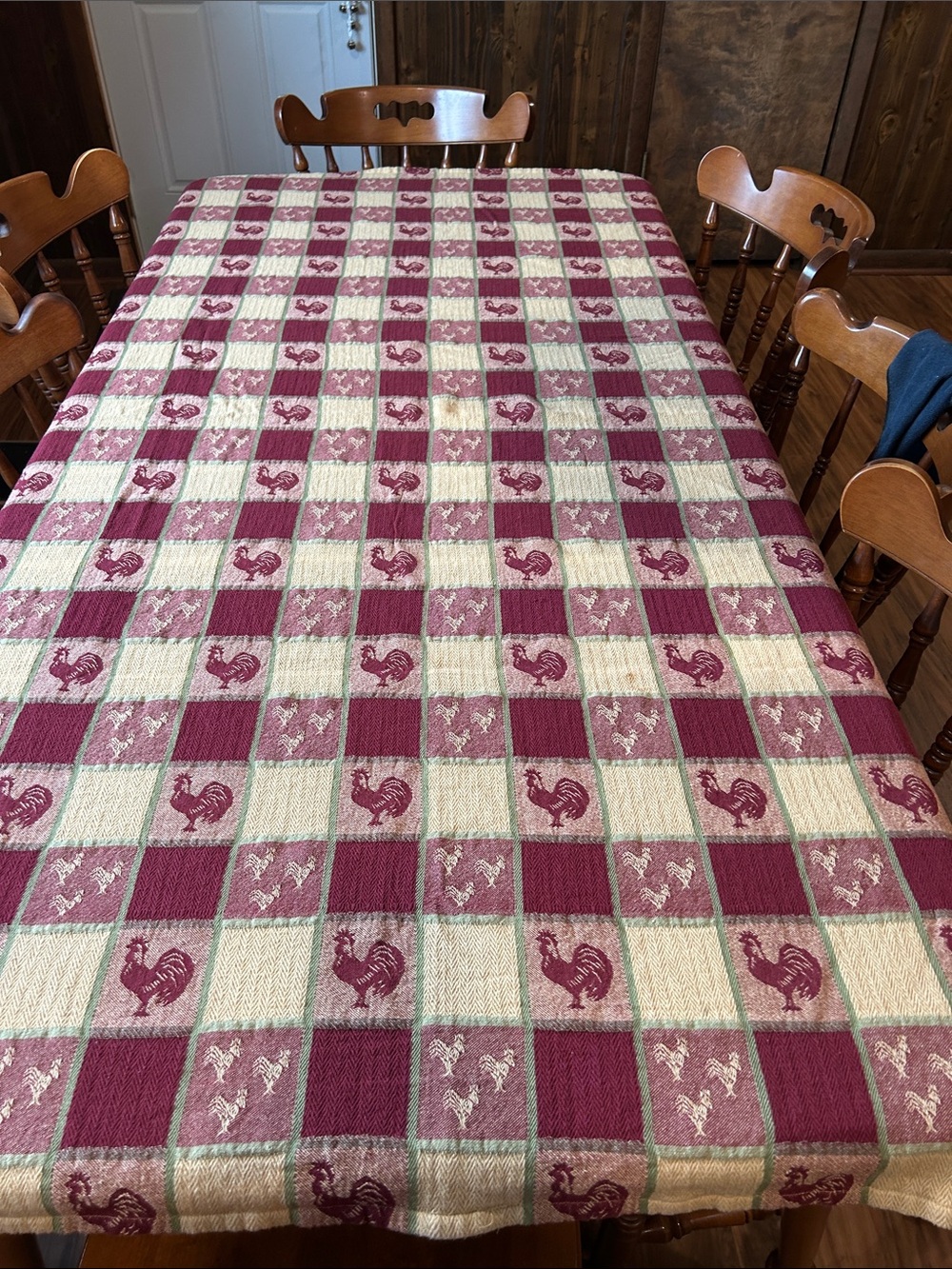 Rustic Rooster Checkered Tablecloth in Burgundy and Cream